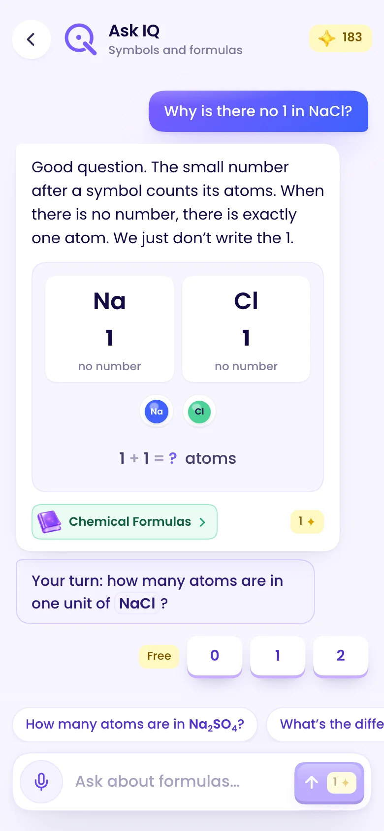 Ask IQ tutor screen answering a student question about why there is no 1 in NaCl